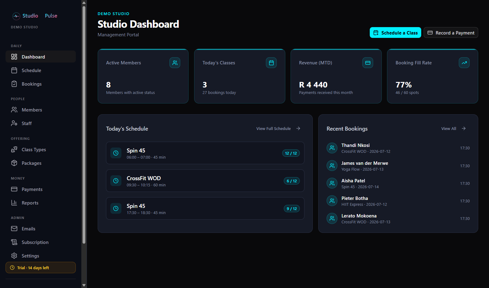 Pulse Studio studio dashboard showing member, revenue, and booking stats