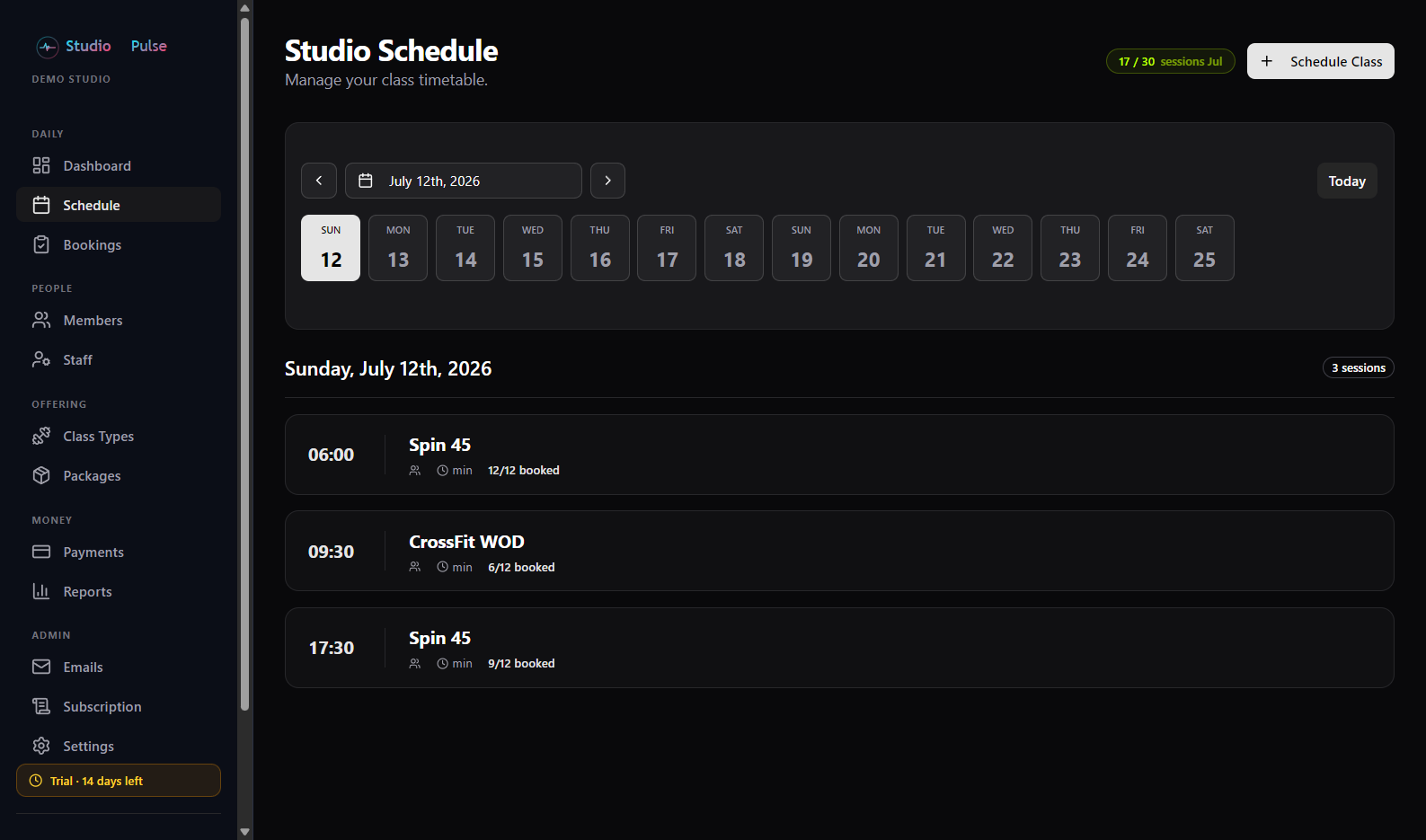 Pulse Studio weekly class schedule with booking counts per session
